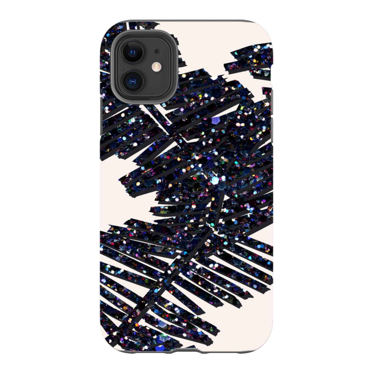 iPhone Tough Case featuring a black palm leaf design with glittery, multicolored accents on a cream background.