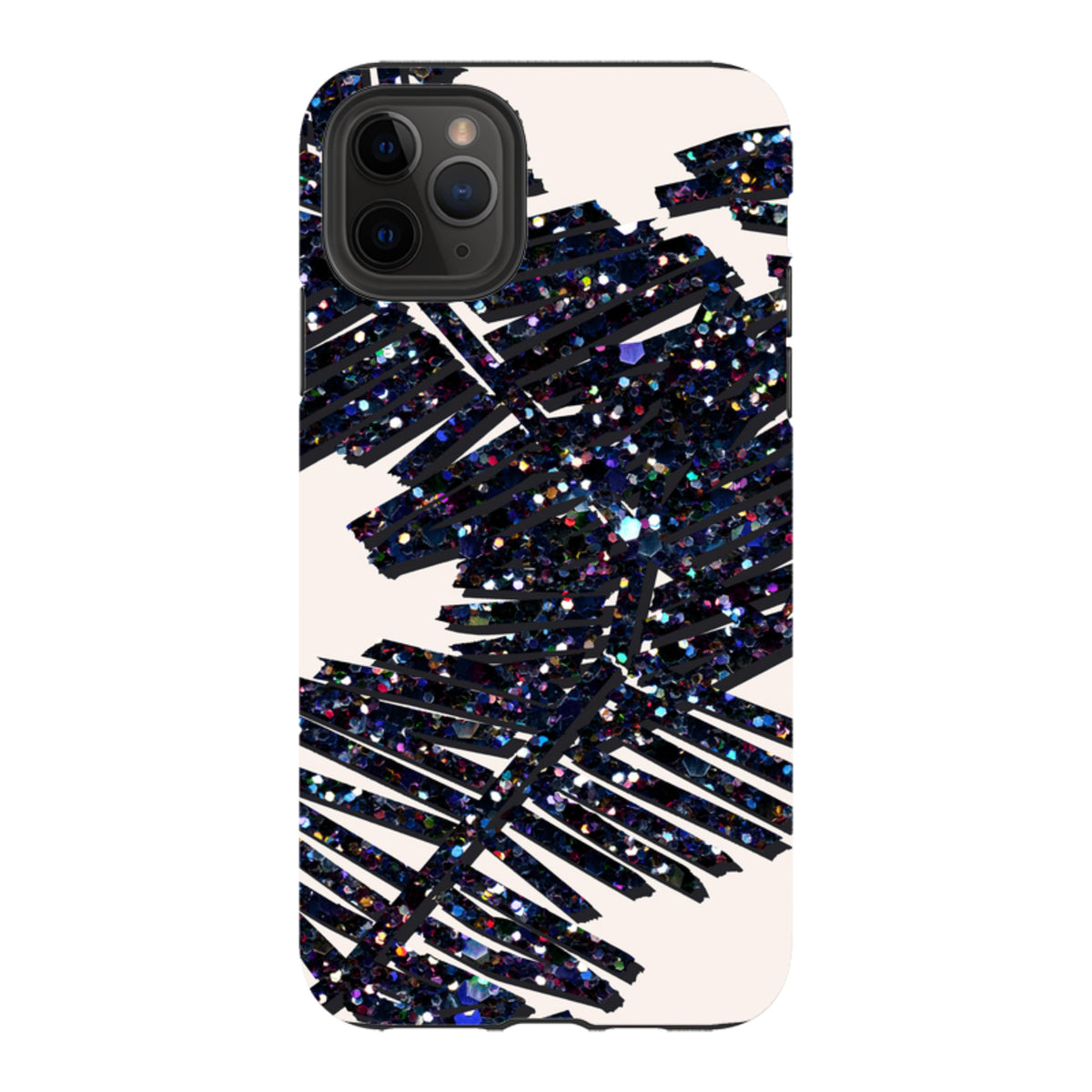 iPhone Tough Case featuring a black palm leaf design with sparkling glitter accents on a cream background.