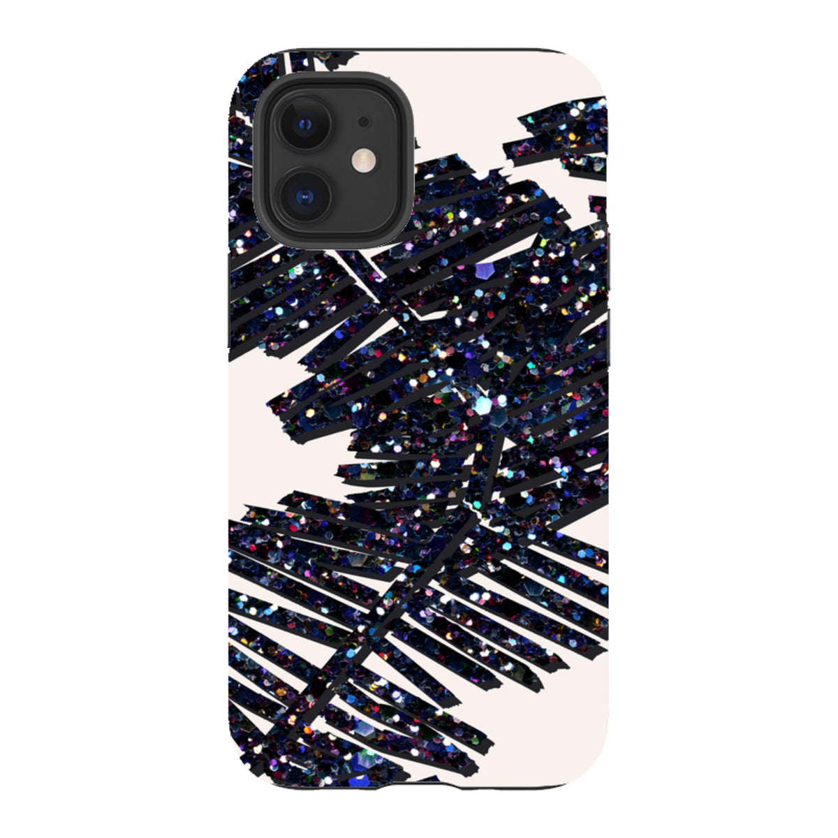 iPhone tough case with a black glitter palm leaf design on a cream background and dual-layer protective shell.