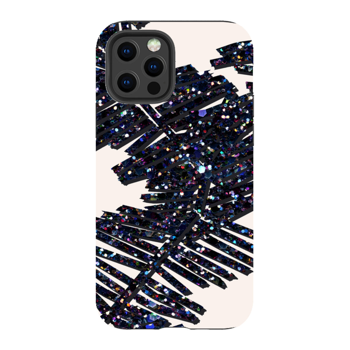 iPhone tough case with a black glittery palm leaf design on a cream background, featuring dual-layer protective construction.