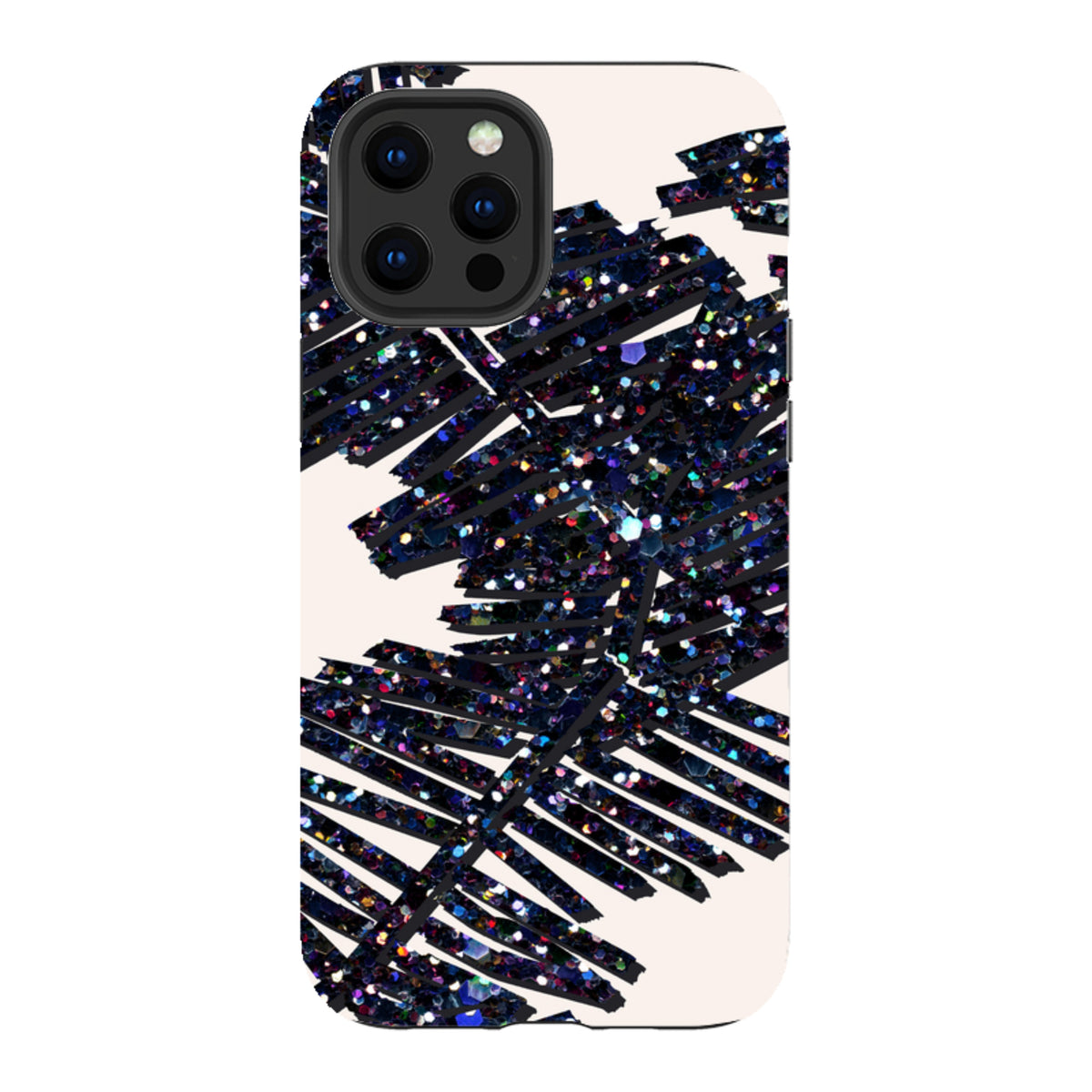 iPhone tough case with a black glitter palm leaf design on a cream background, featuring dual-layer protective construction.