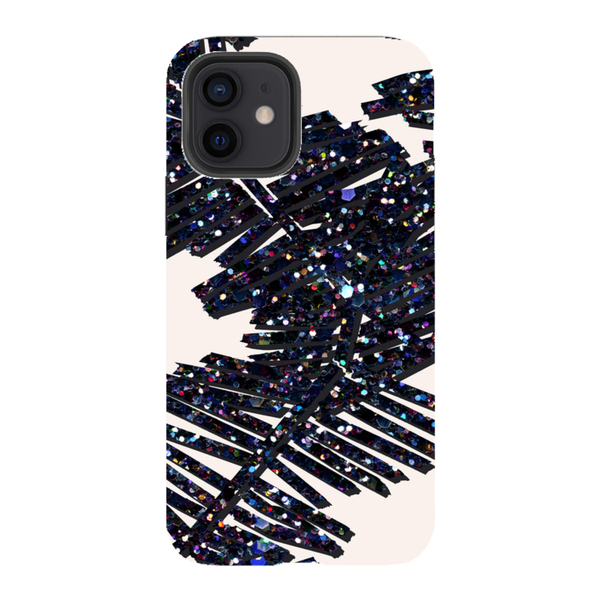 iPhone tough case with a black glitter palm leaf design on a cream background, featuring dual-layer protective construction.