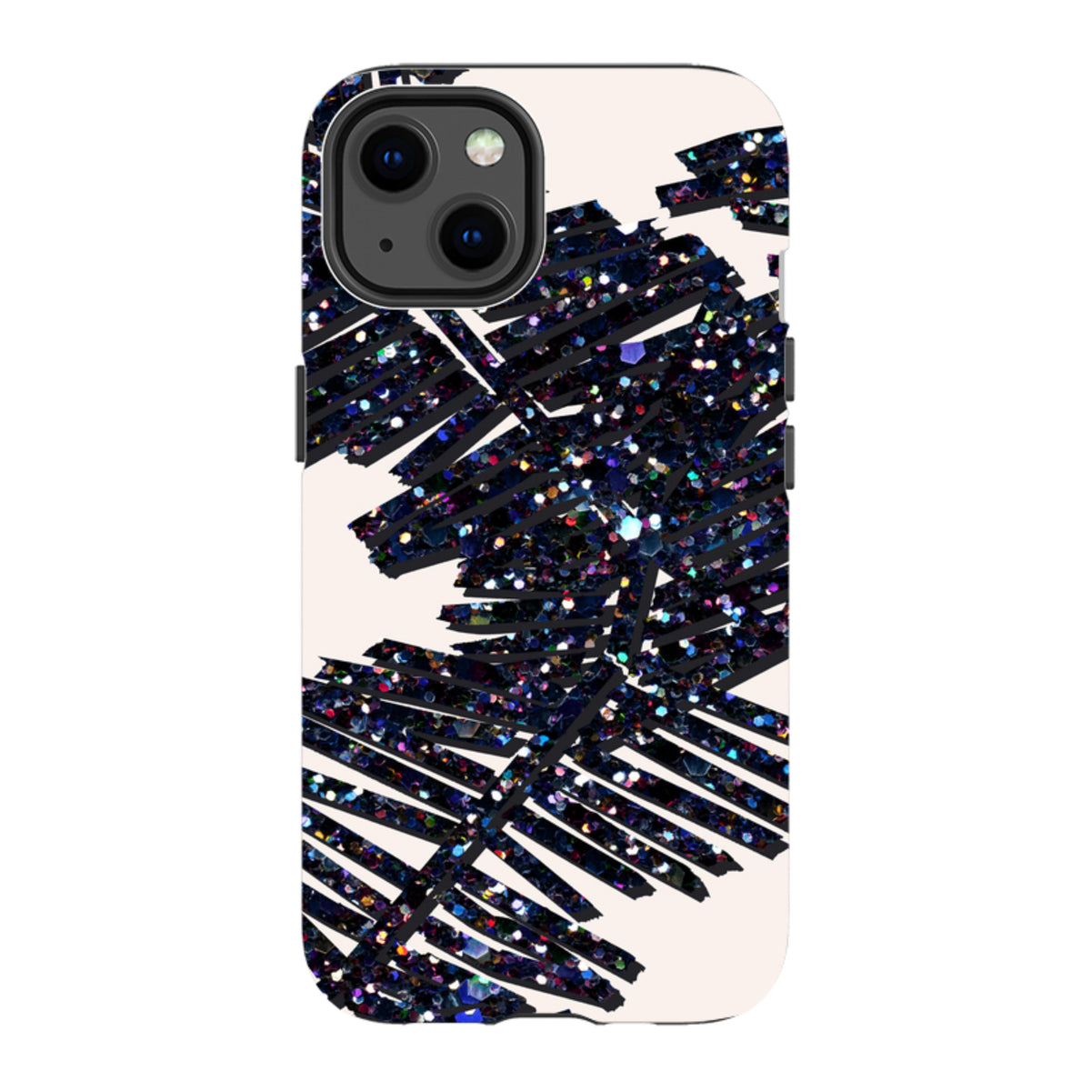 iPhone tough case with a cream background and black, glittery palm leaf art by Kitty Joseph, featuring dual-layer protection.