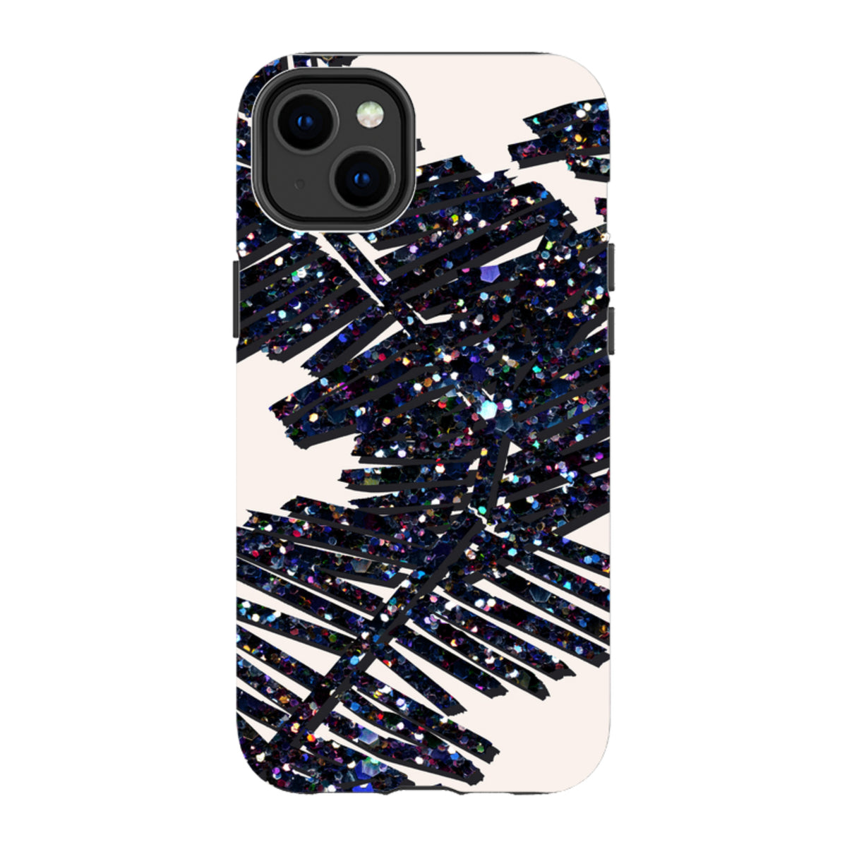 iPhone tough case with a cream background and a sparkling, dark blue glitter palm leaf design by Kitty Joseph.