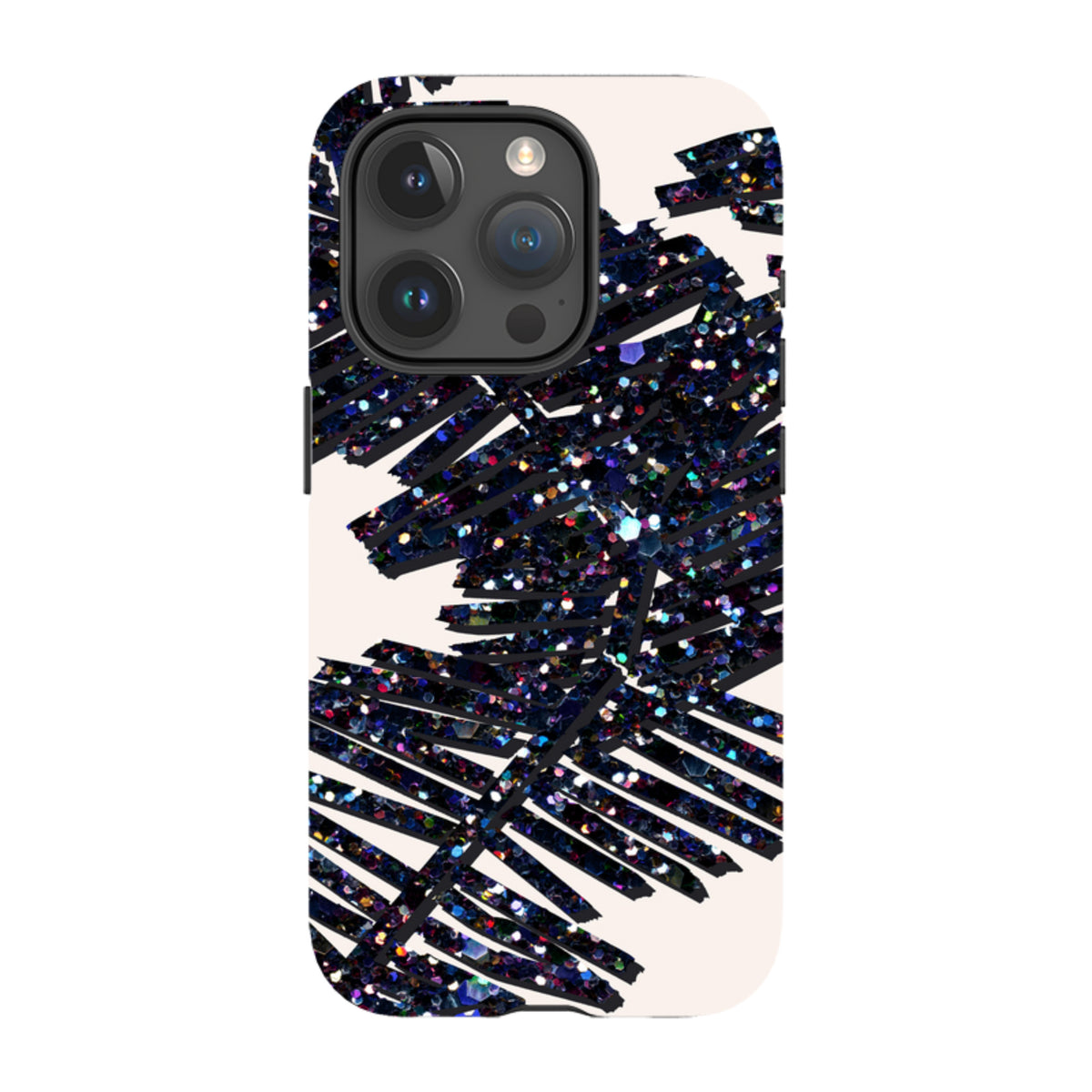 iPhone tough case featuring a black palm leaf design with glittery, multi-colored accents on a cream background.