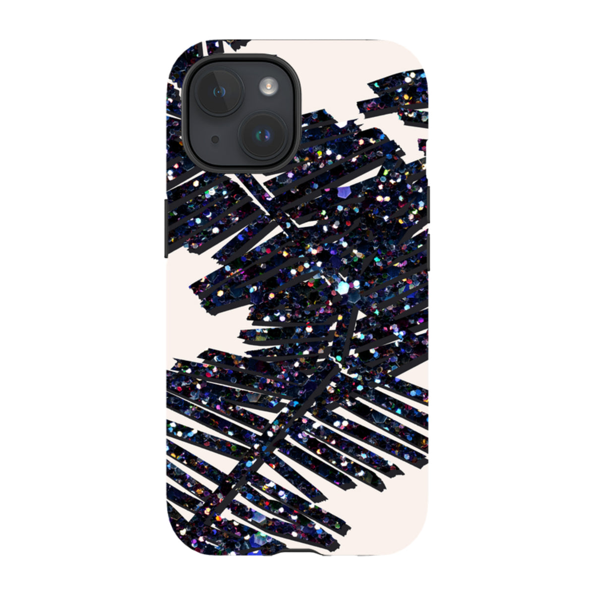 iPhone Tough Case featuring a Night Palm design with dark, glittery brushstrokes on a cream background.