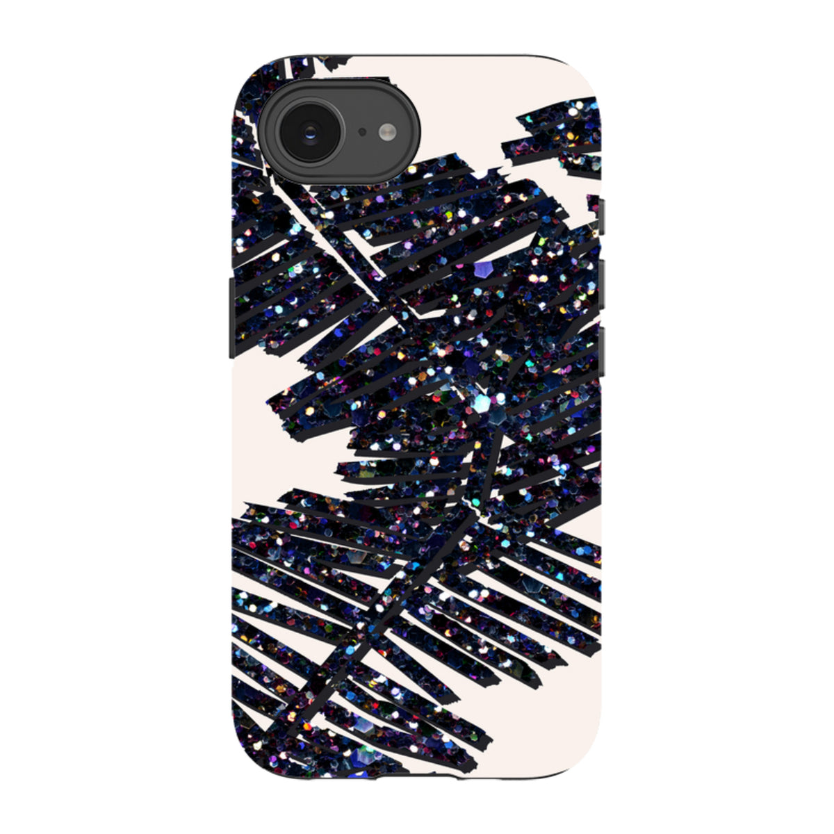 iPhone Tough Case with a black glittery palm leaf design on a cream background, featuring a dual-layer protective shell.