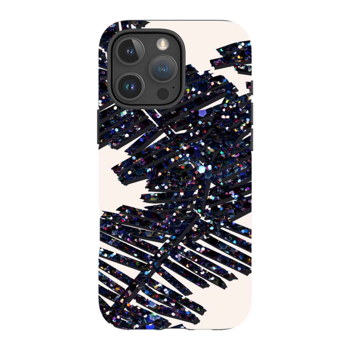 iPhone Tough Case with a black palm leaf design featuring glittery, multi-colored accents on a light background.