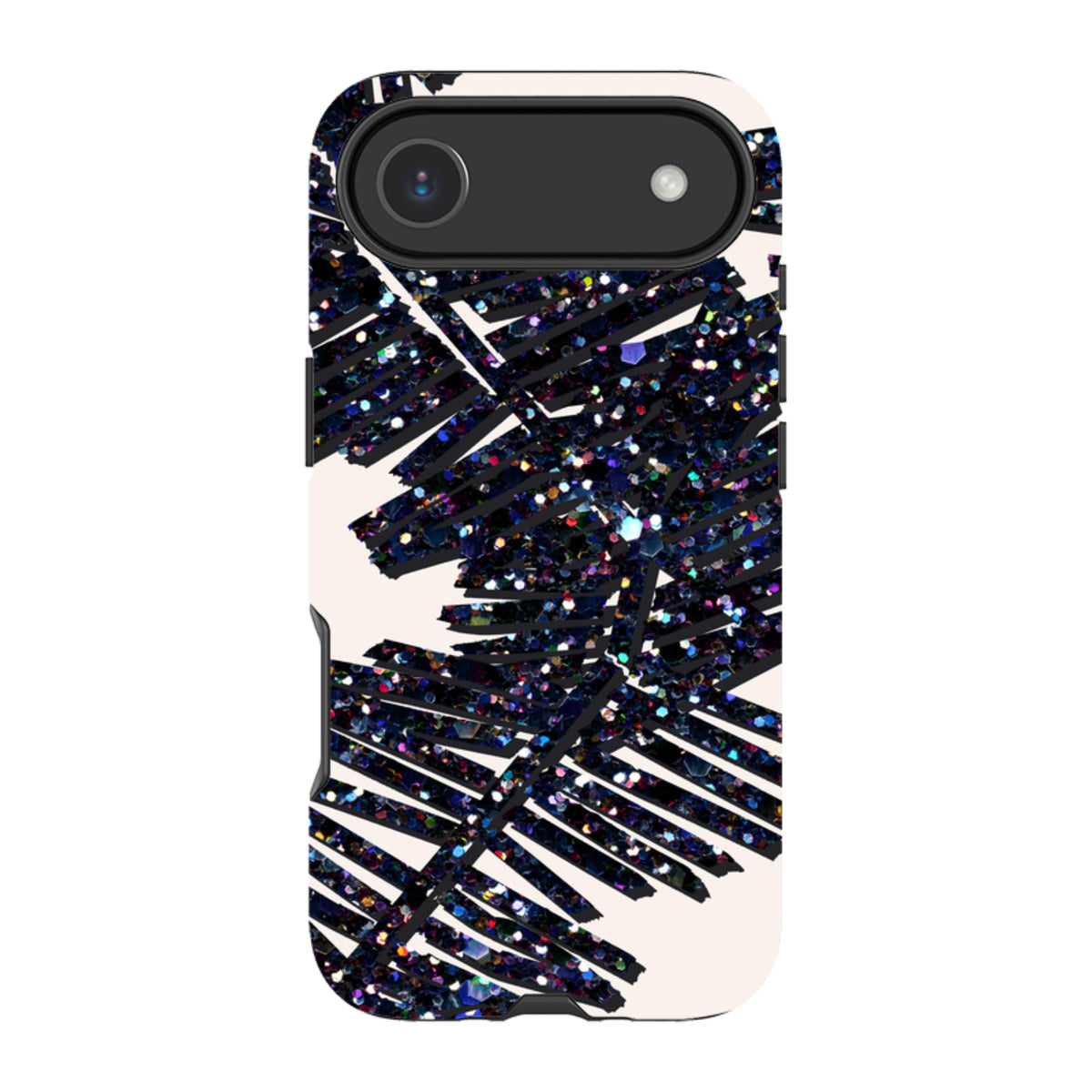 iPhone Tough Case featuring a black glittery palm leaf pattern on a cream background with dual-layer protective edges.