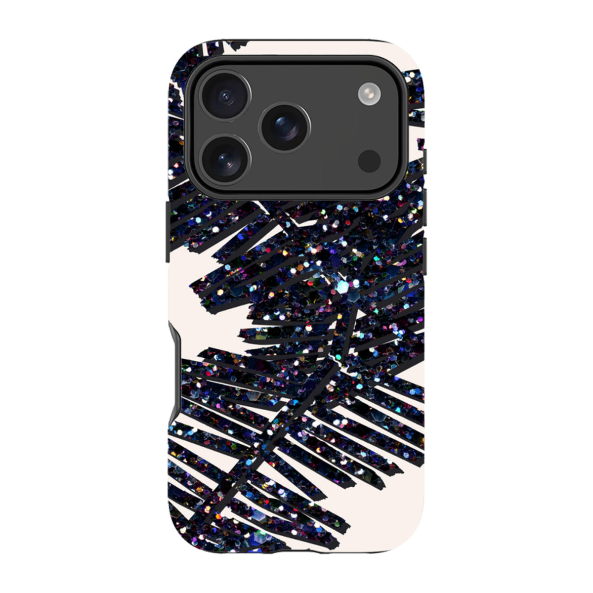 iPhone tough case with a black glitter palm leaf design on a cream background and dual-layer protective shell.
