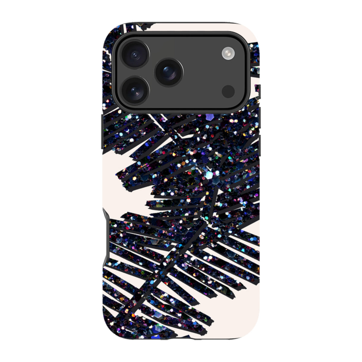 iPhone Tough Case featuring a black palm leaf design with glittery, multicolored accents on a cream background.