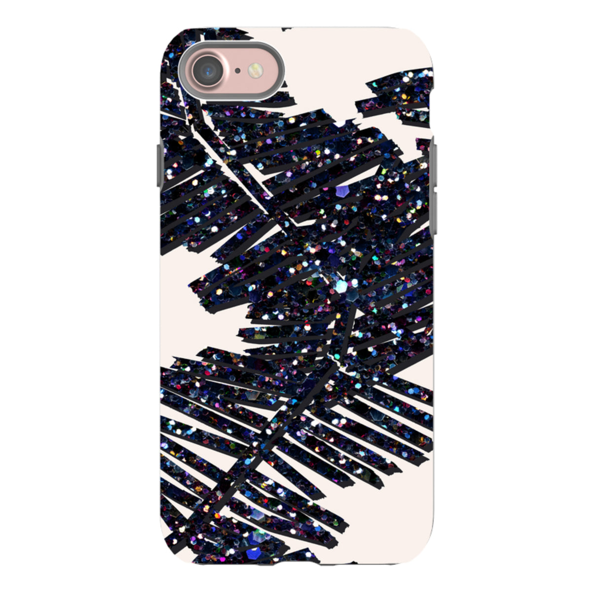 iPhone Tough Case featuring Kitty Joseph’s Night Palm design with black glittery palm leaf patterns on a cream background.