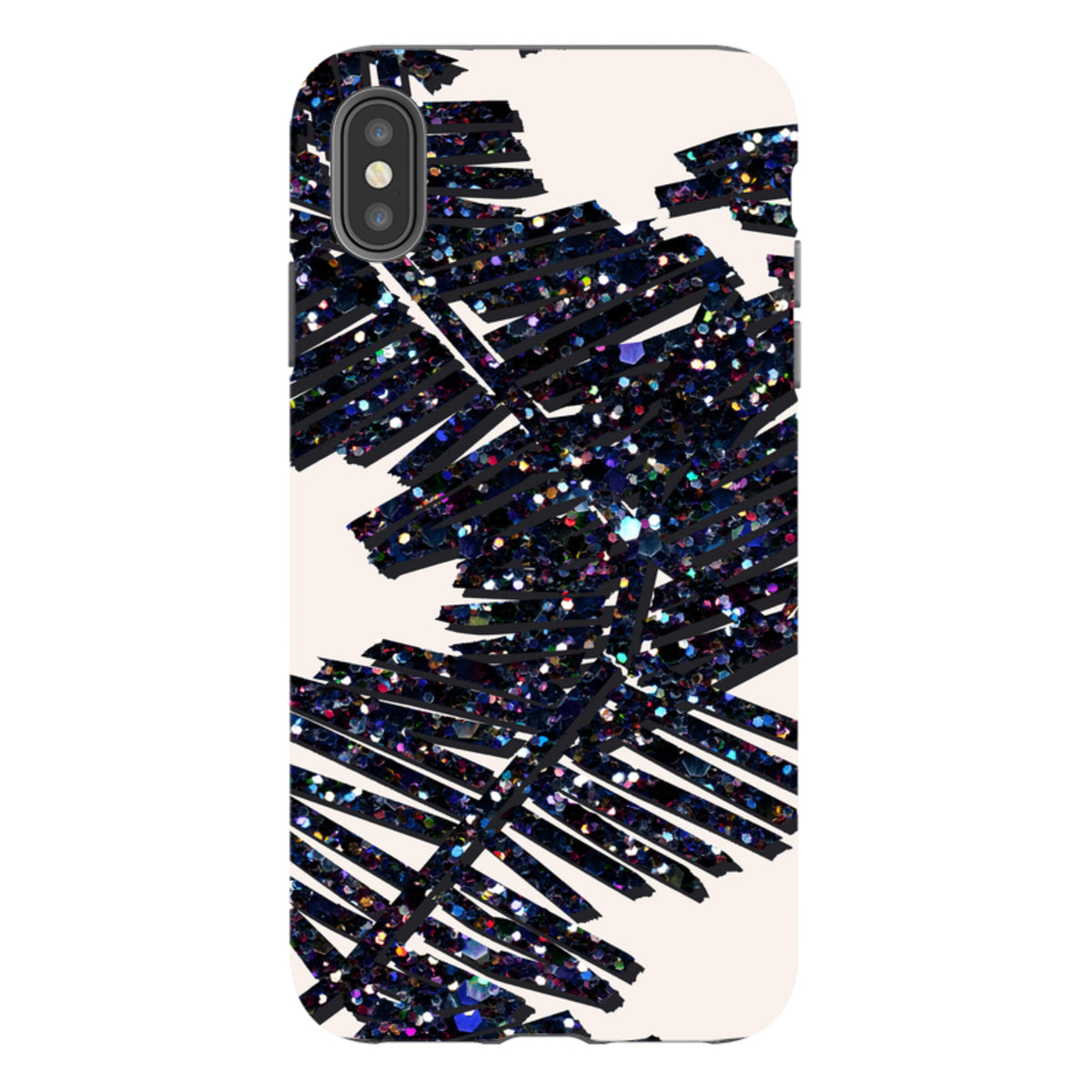 iPhone tough case with a black glitter palm leaf design on a cream background, featuring dual-layer protective construction.