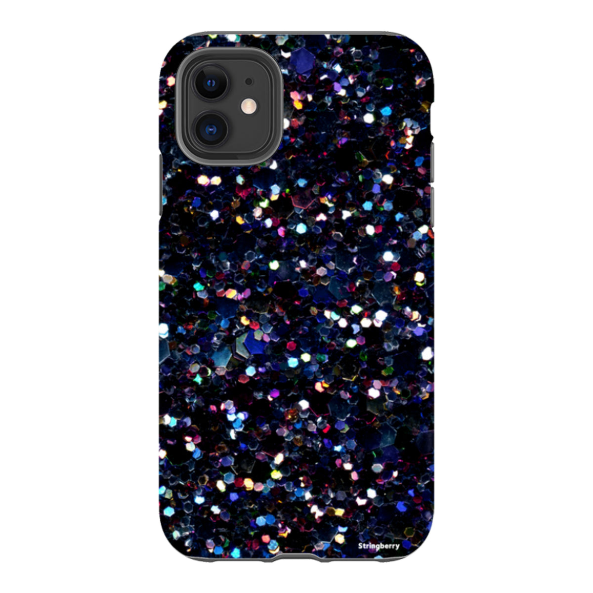 iPhone tough case with a high-definition, non-glitter night sky print featuring dark blue and purple geometric shapes.