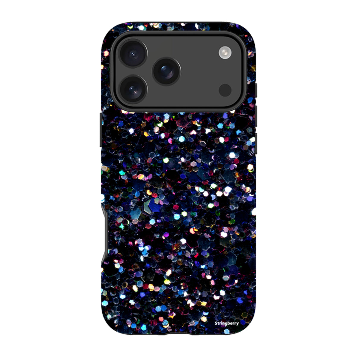 Dual-layer iPhone tough case featuring a high-definition Night Sky print with colorful geometric shapes on black.