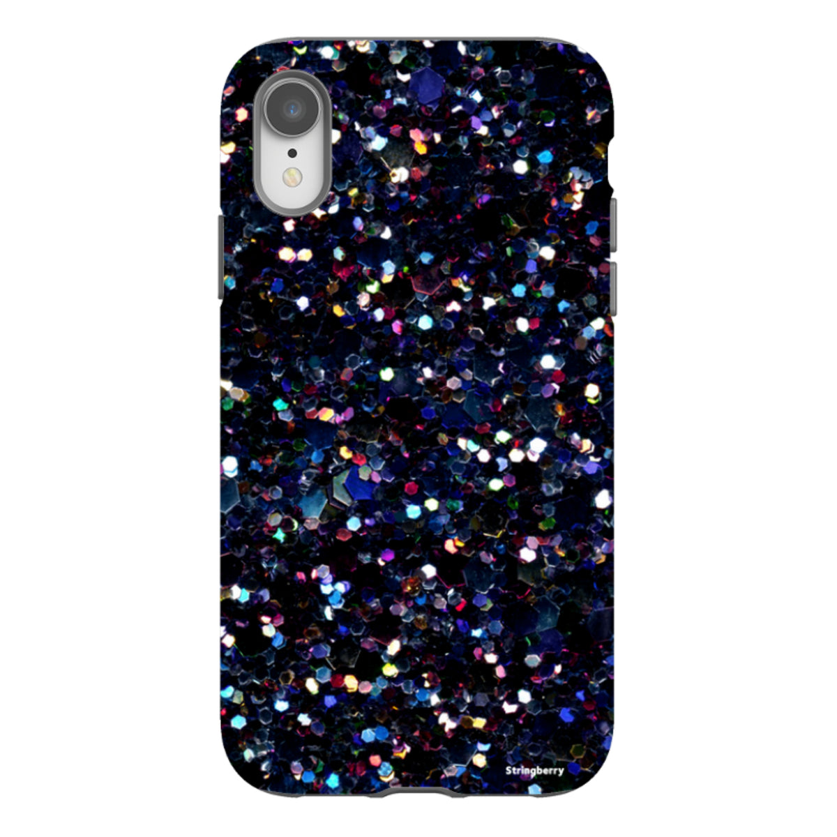 iPhone tough case with a printed dark night sky pattern featuring colorful, non-glittering geometric shapes.