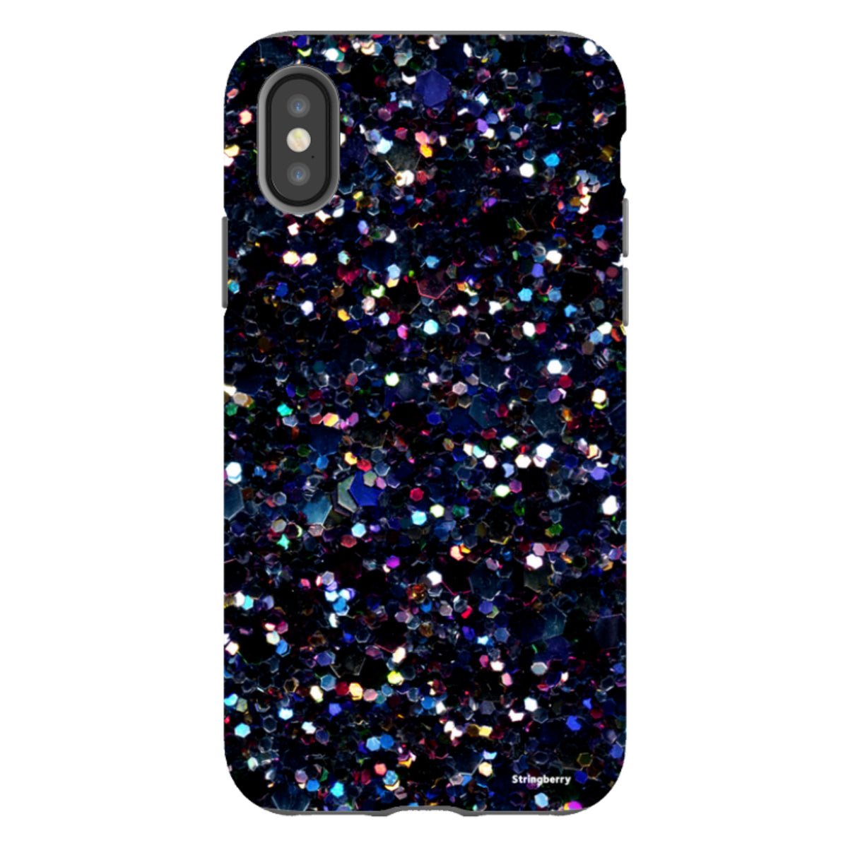 iPhone tough case with a high-definition, non-glitter night sky print featuring dark blue and purple cosmic patterns.