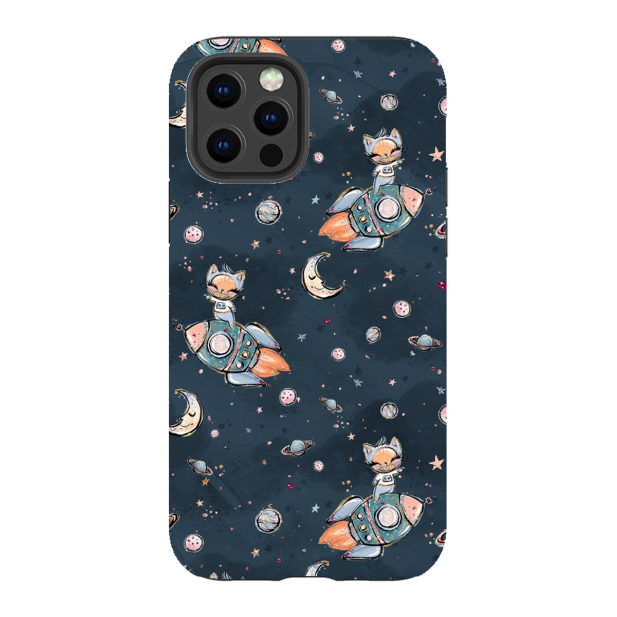 Dual-layer iPhone case with a dark blue space pattern featuring cute cats in rockets, planets, and stars.