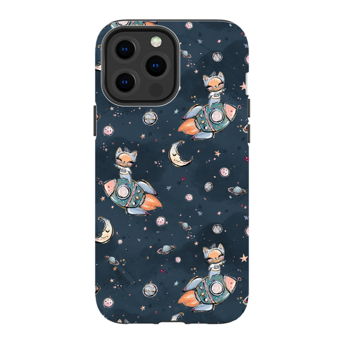 iPhone Tough Case with a dark blue space pattern featuring cute kittens in rockets, planets, and stars.