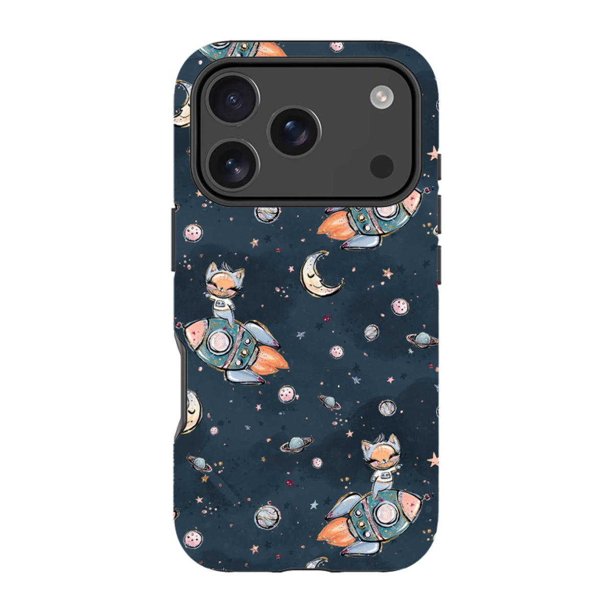 iPhone tough case with a dark blue space pattern featuring cute astronauts, rockets, planets, and stars.