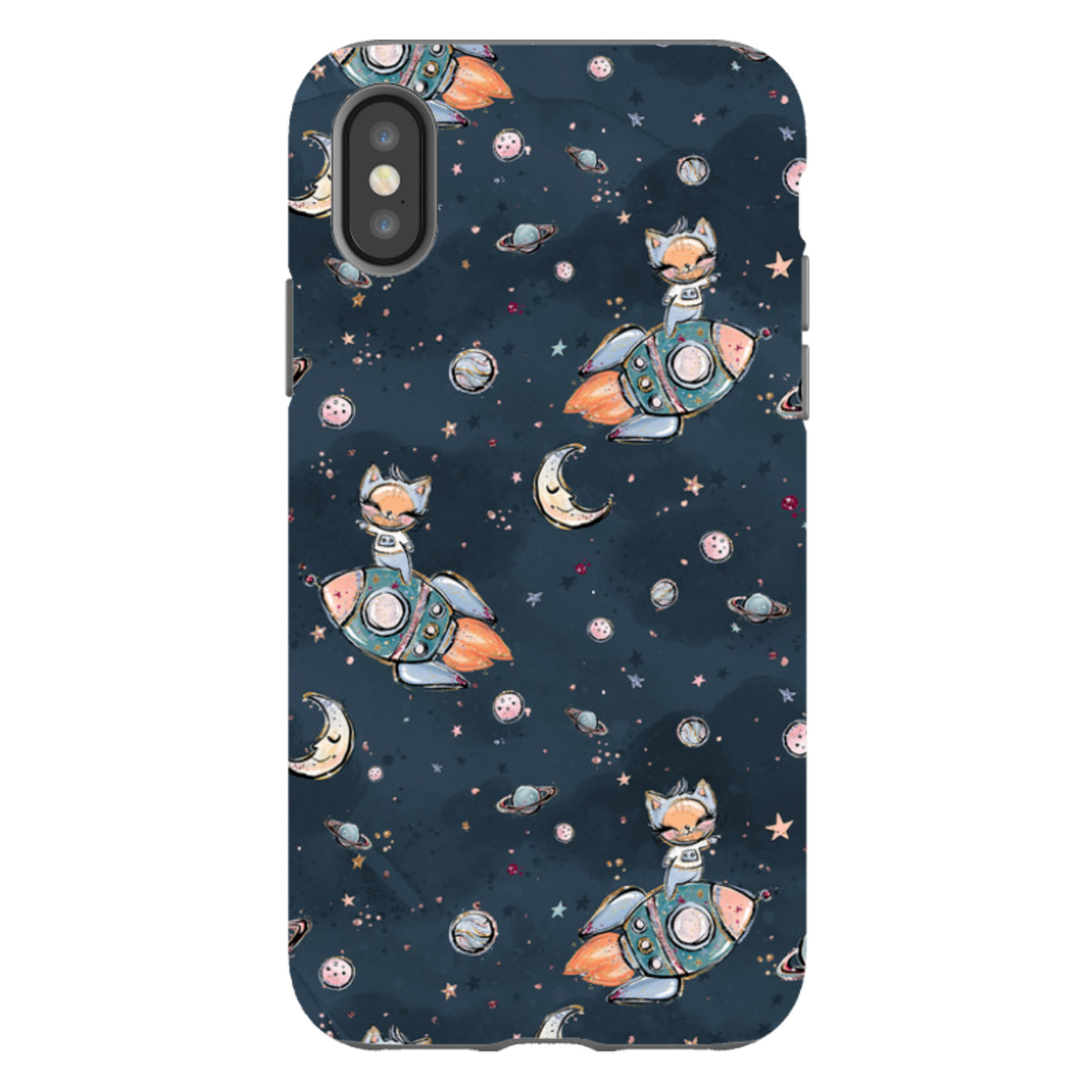 Dual-layer iPhone tough case featuring a dark blue space pattern with cute cats riding rockets, moons, and planets.