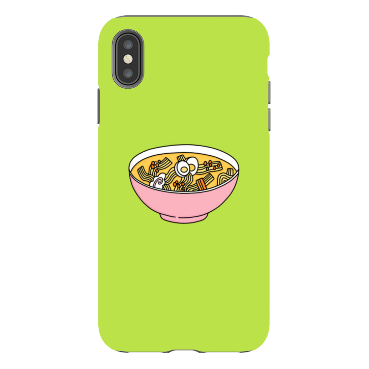 Lime green iPhone tough case featuring a cute illustrated bowl of ramen noodles with a pink bowl and egg topping.