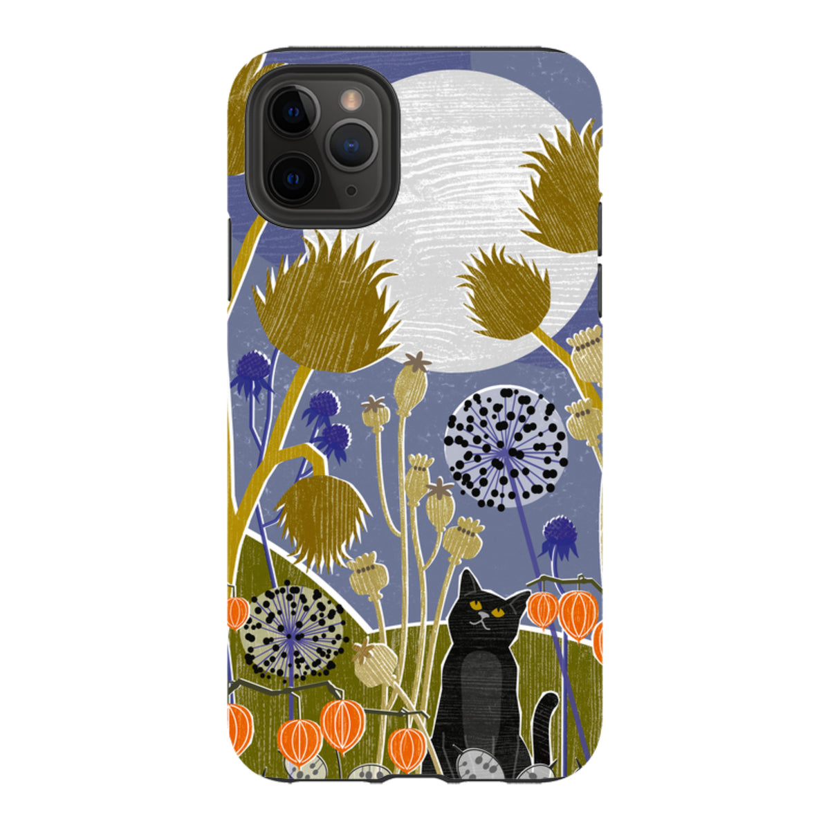 Dual-layer iPhone tough case featuring a black cat in a garden with a large moon, wildflowers, and orange lanterns.