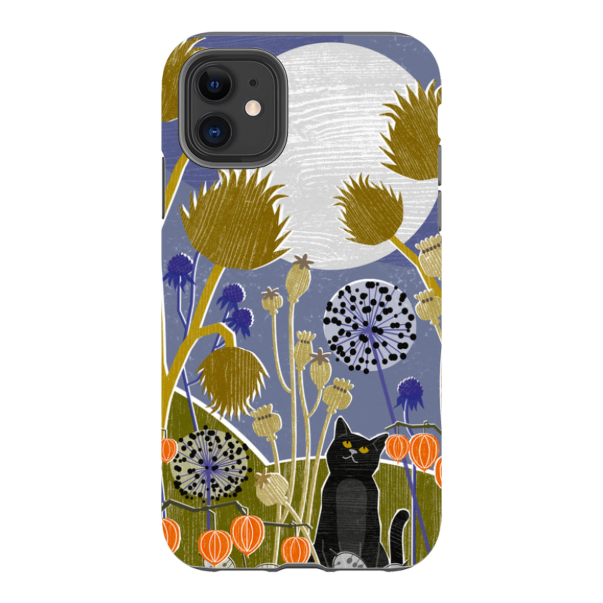 Dual-layer iPhone case featuring a black cat in a botanical garden under a full moon by Liane Payne.