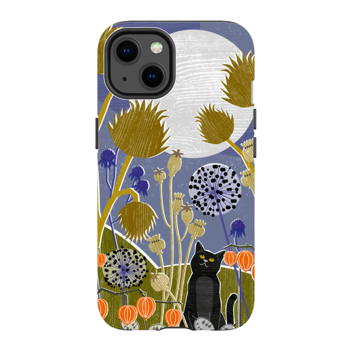 Dual-layer iPhone tough case featuring a black cat in a stylized garden with a full moon and botanical illustrations.