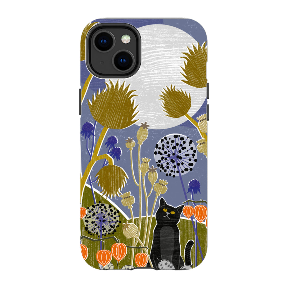 Dual-layer iPhone tough case featuring a black cat in a moonlit garden with stylized thistles and orange lanterns.