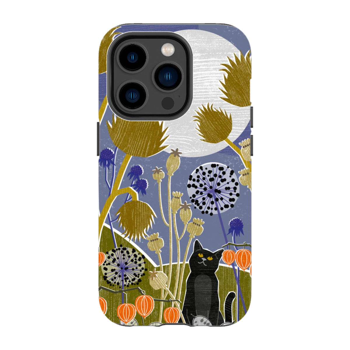 Dual-layer iPhone case featuring Liane Payne’s October Evening art with a black cat, full moon, and botanical illustrations.