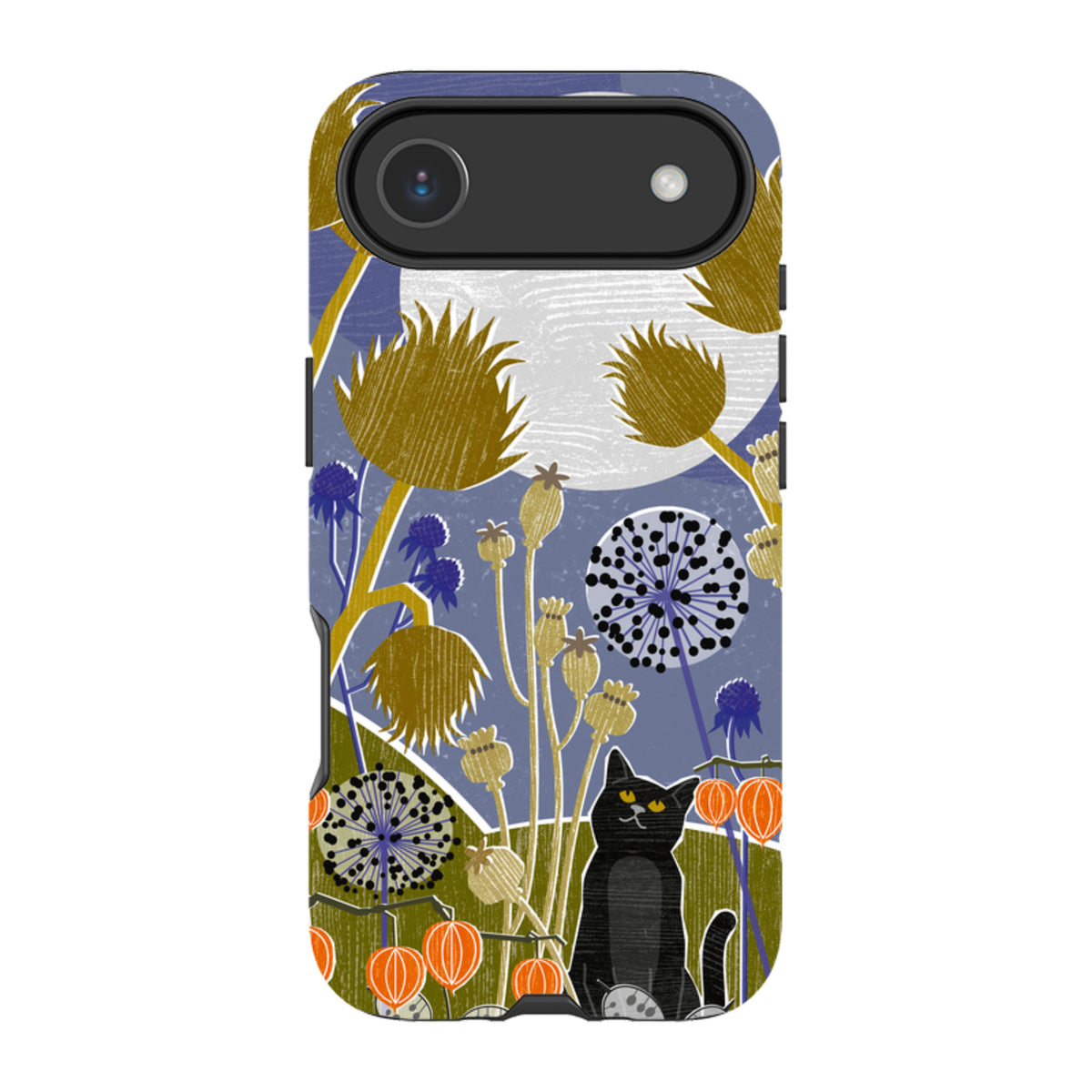 Dual-layer iPhone tough case featuring a black cat in a moonlit garden with stylized flowers and orange lanterns.