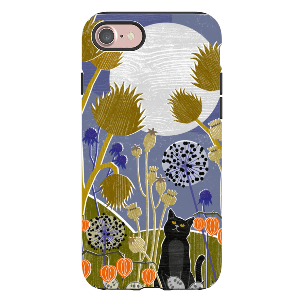 Dual-layer iPhone tough case featuring a black cat in a moonlit garden with stylized flowers and orange lanterns.