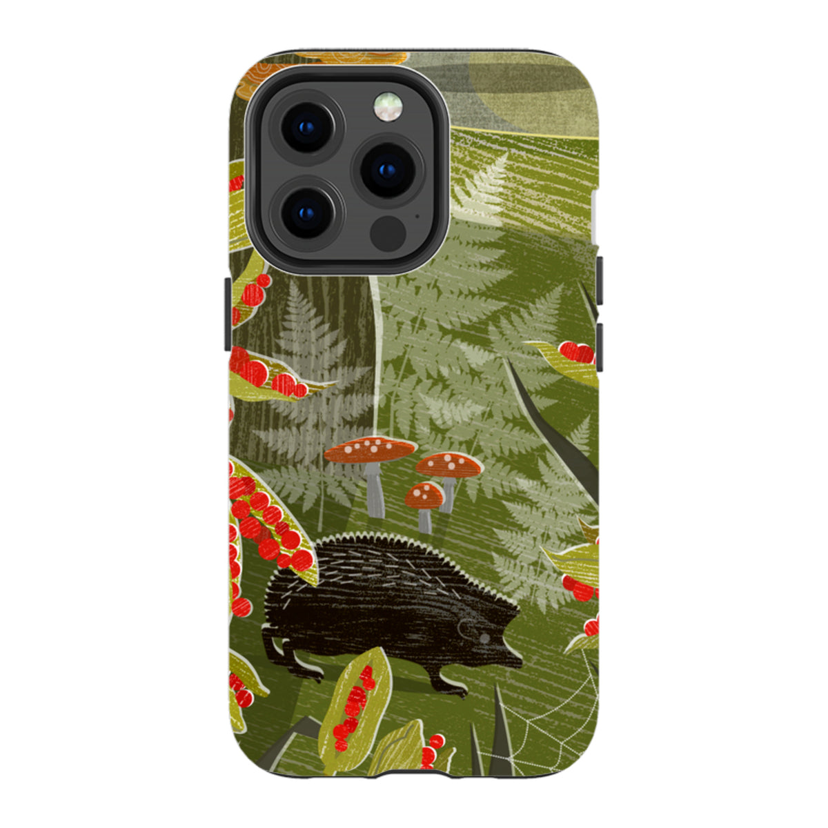 Dual-layer iPhone tough case featuring a green forest illustration with a hedgehog, red berries, and mushrooms.