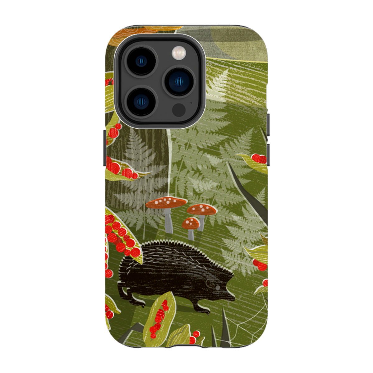 iPhone tough case featuring a black hedgehog, red mushrooms, and green forest foliage in a detailed artistic print.