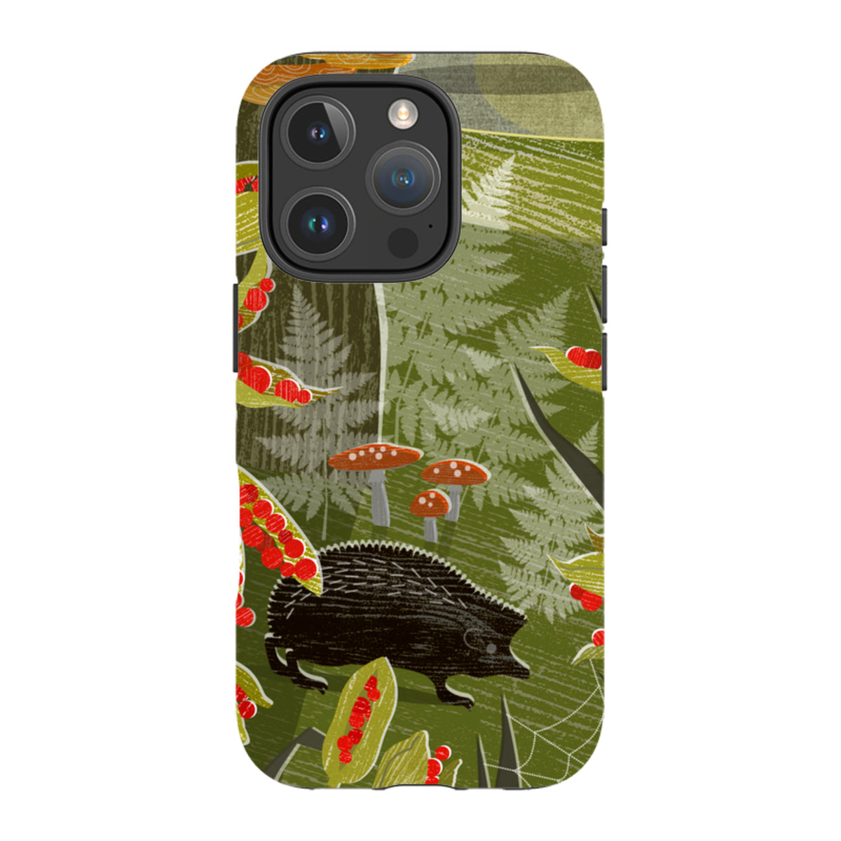 Dual-layer iPhone tough case featuring a green forest hedgehog illustration with red berries and mushrooms.