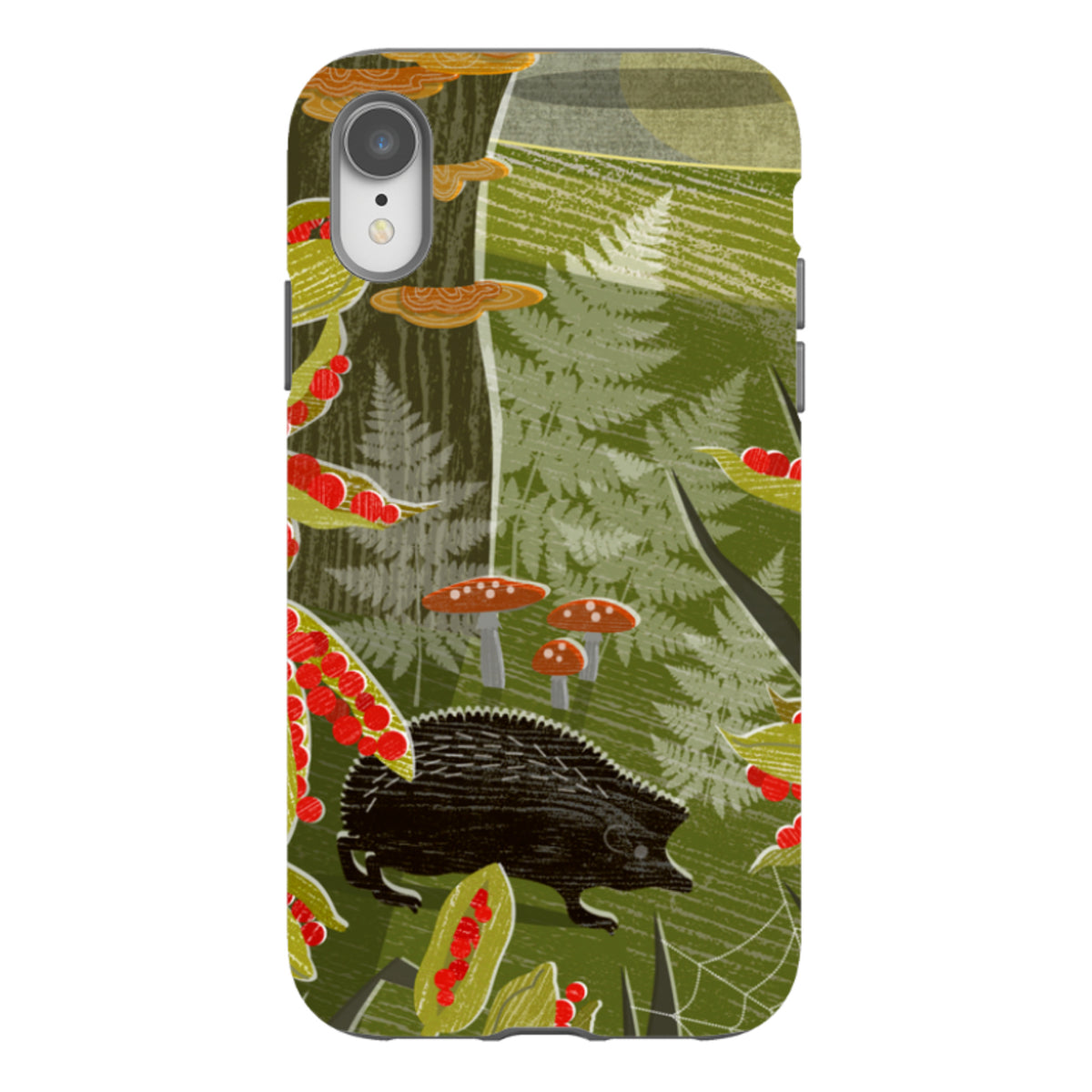 iPhone tough case featuring a black hedgehog in a green forest with red berries, mushrooms, and ferns.