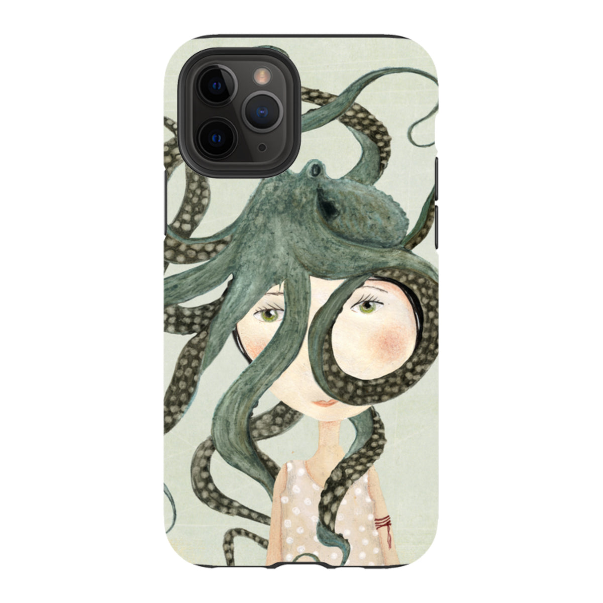 Dual-layer iPhone tough case featuring Katherine Quinn's Octopus Girl illustration with a green octopus on a light background.