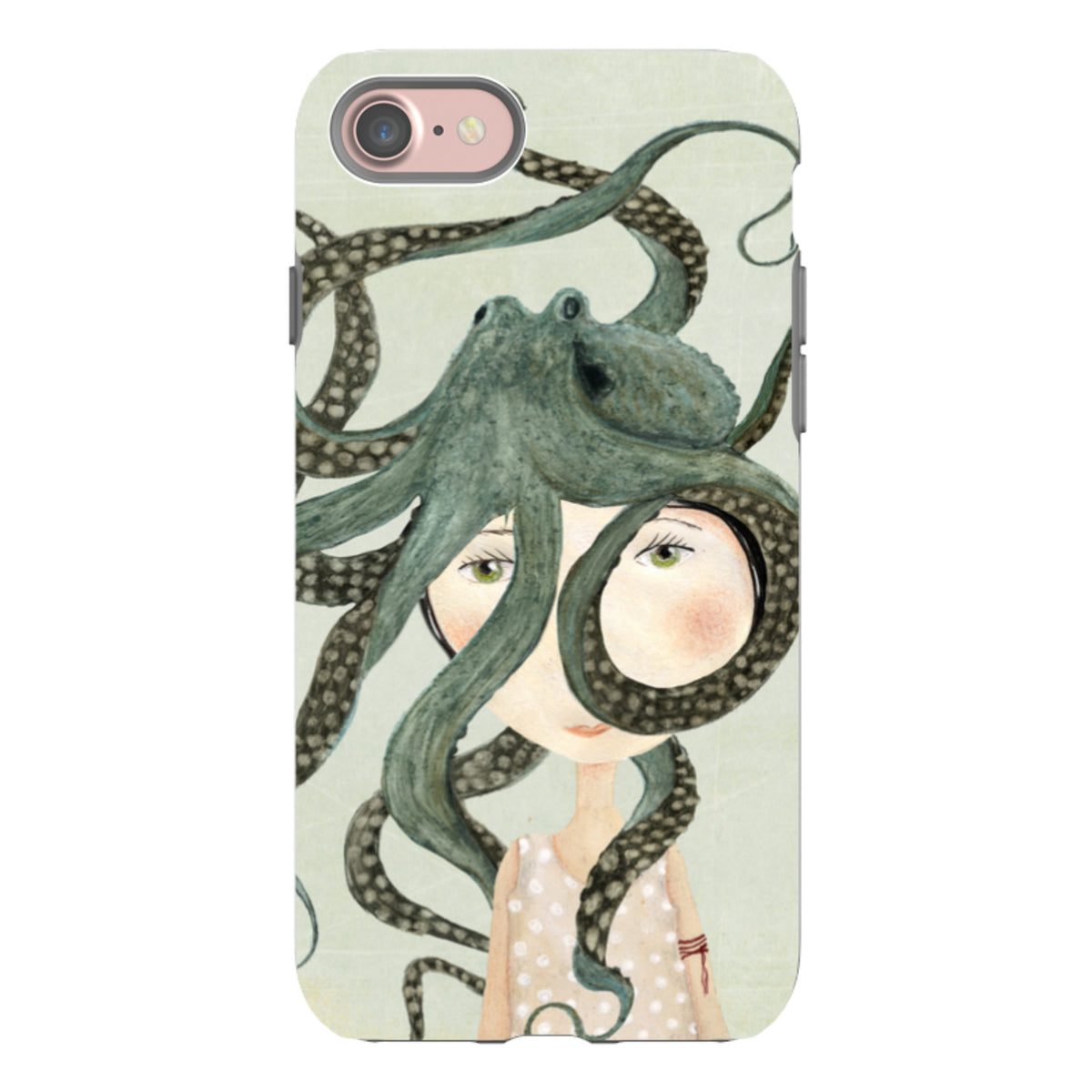 Dual-layer iPhone tough case featuring Katherine Quinn’s Octopus Girl illustration with a green octopus on a pale background.