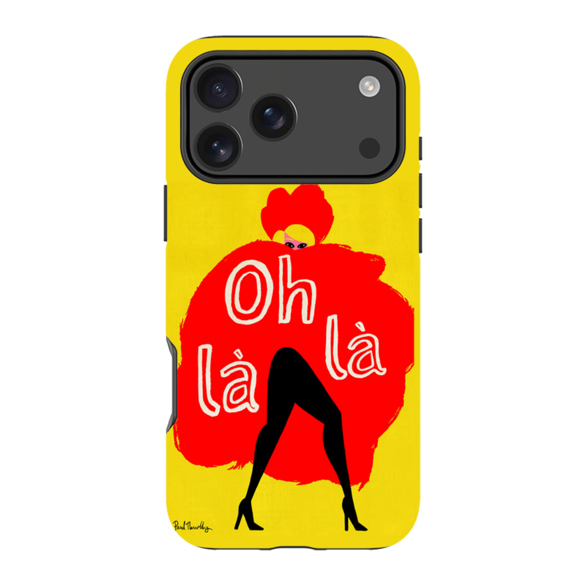 Yellow iPhone tough case featuring Paul Thurlby's Oh La La artwork with a red abstract figure and bold white lettering.