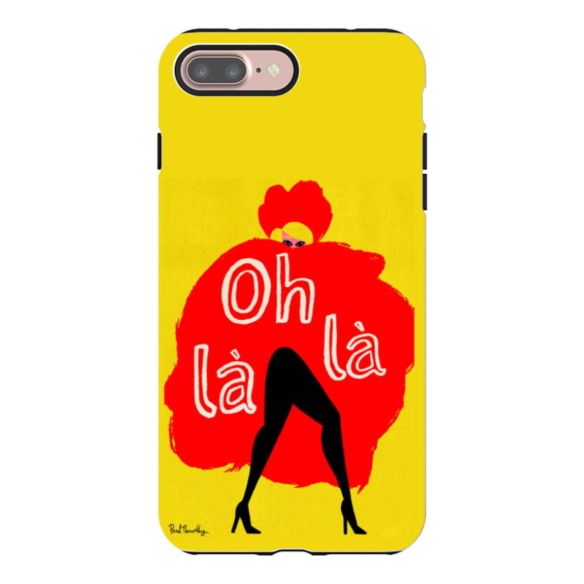 Dual-layer iPhone tough case featuring Paul Thurlby's Oh Là Là artwork with a vibrant yellow background and red illustration.