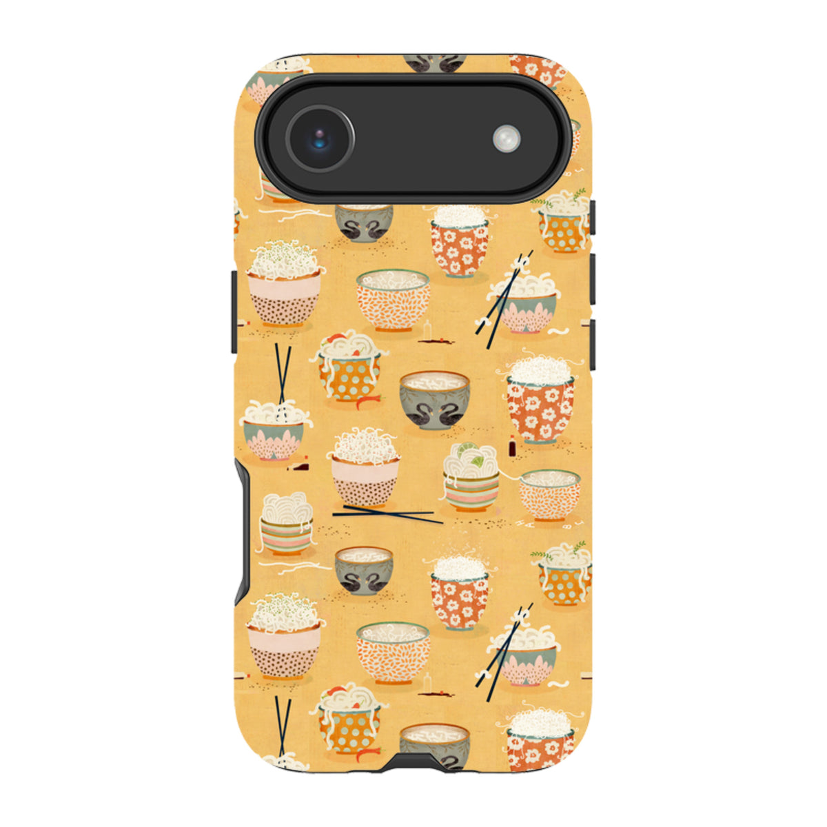 iPhone tough case with a yellow background featuring a playful pattern of noodle bowls and chopsticks by Katherine Quinn.