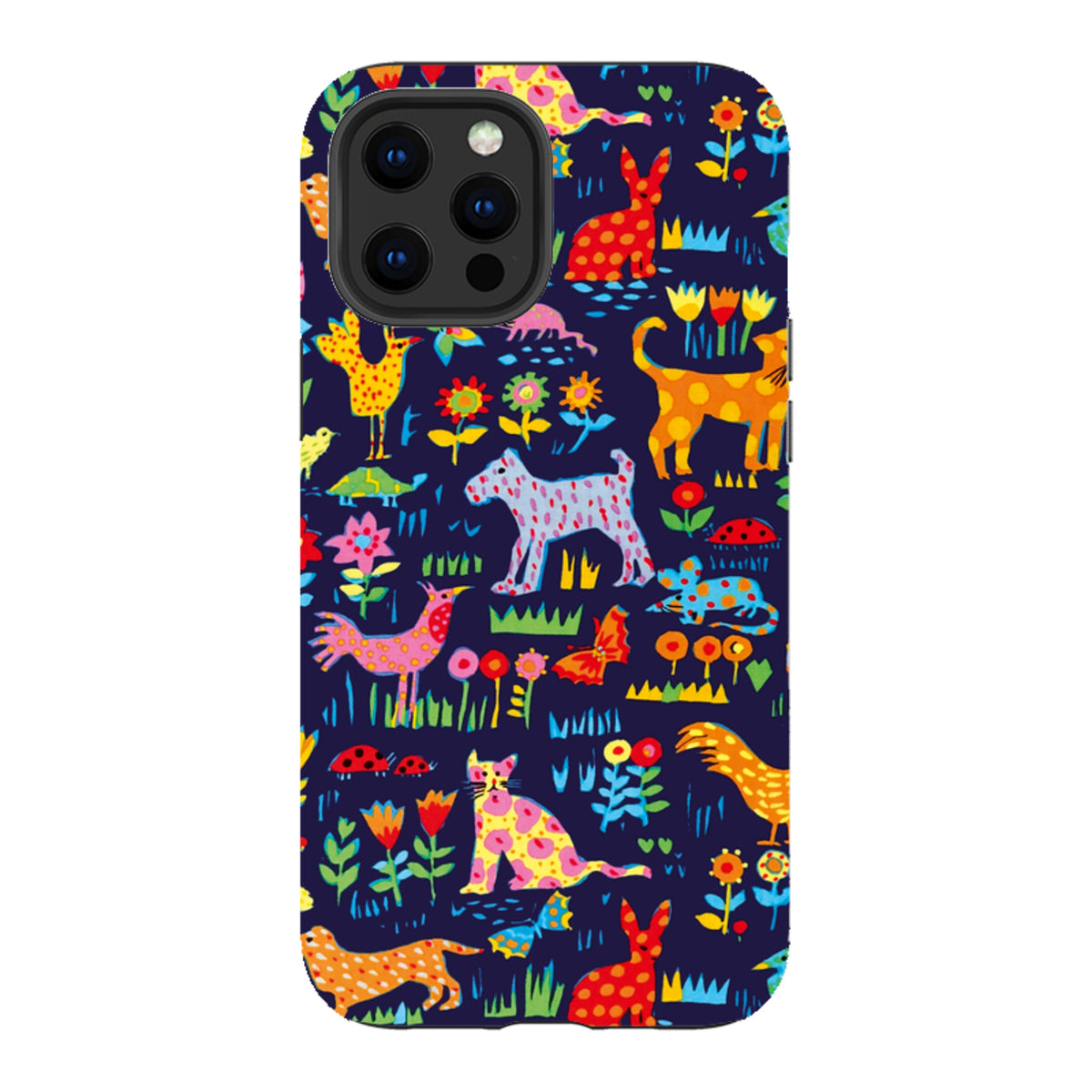 iPhone tough case with Sarah Campbell’s colorful Our Yard animal pattern on a dark blue background.