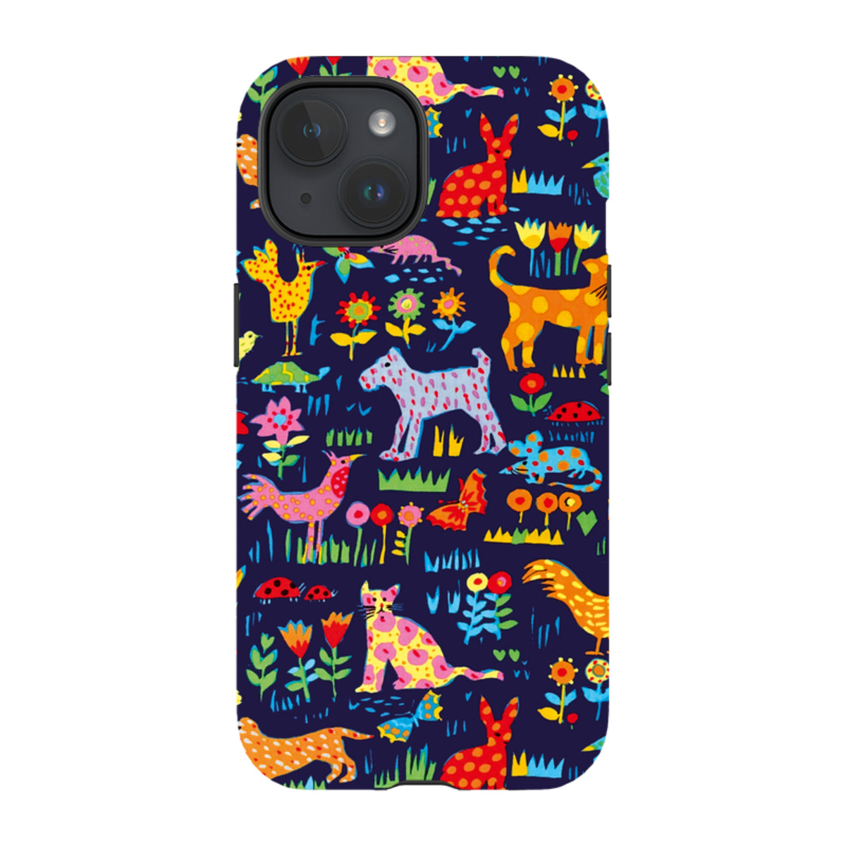iPhone Tough Case featuring Sarah Campbell’s vibrant Our Yard animal and floral pattern on a dark blue background.