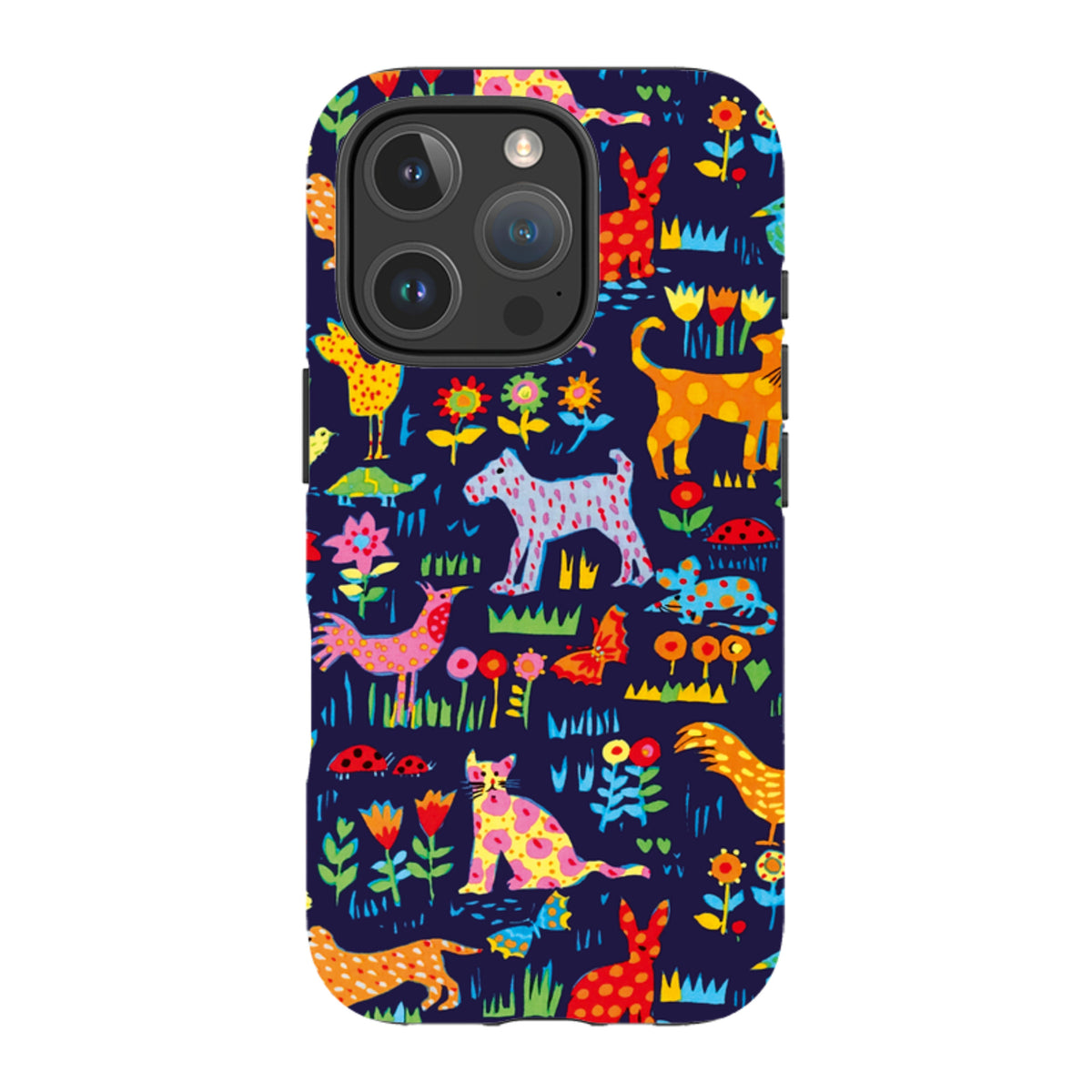 iPhone Tough Case featuring Sarah Campbell's colorful Our Yard animal and floral pattern on a dark blue background.