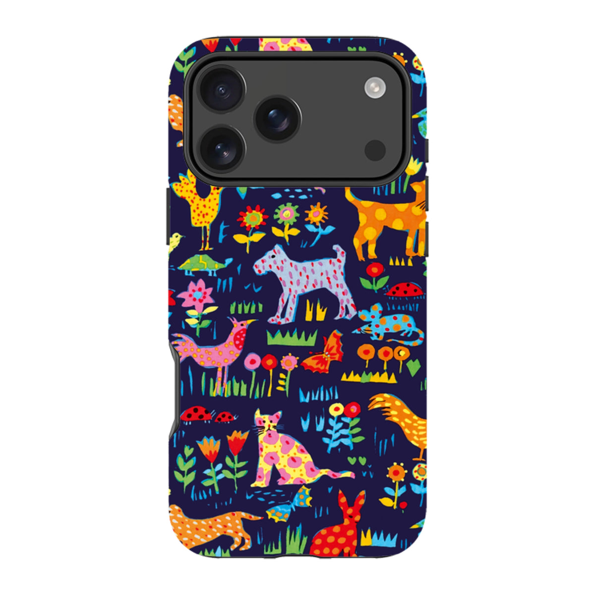 iPhone Tough Case featuring Sarah Campbell’s colorful Our Yard animal and floral pattern on a dark blue background.