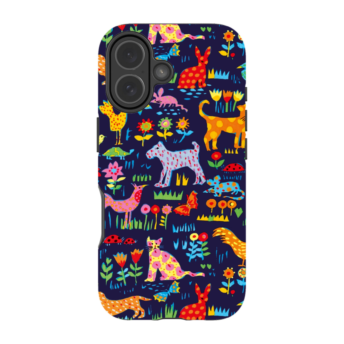 iPhone tough case featuring Sarah Campbell’s colorful animal and floral pattern on a dark blue background.