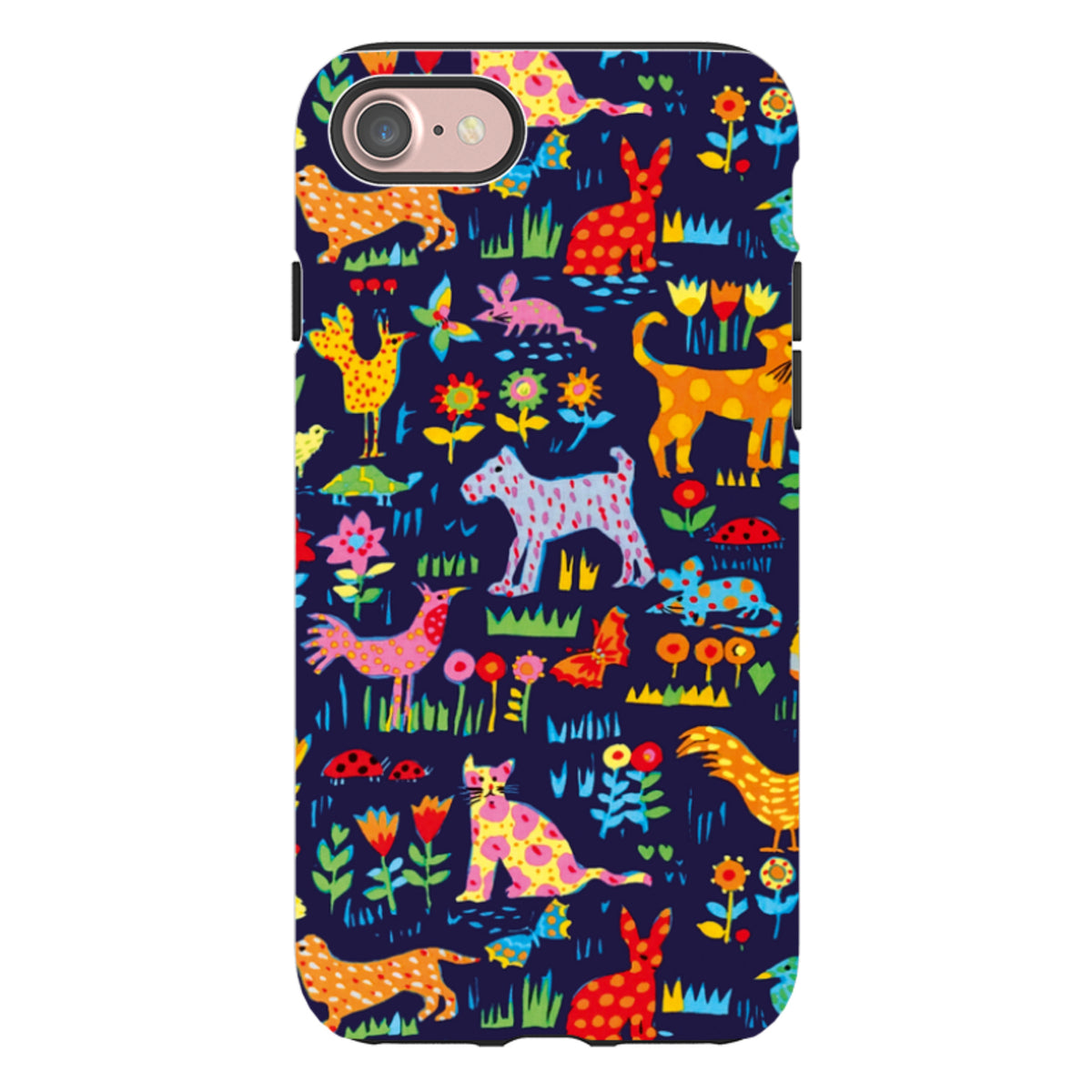 iPhone tough case with Our Yard by Sarah Campbell art featuring colorful animals and flowers on a dark blue background.