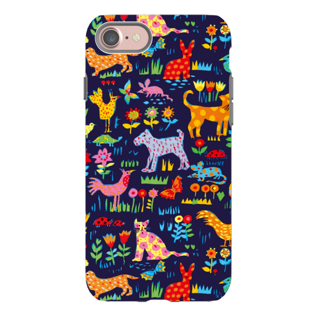 iPhone Tough Case featuring Sarah Campbell’s colorful Our Yard animal and floral pattern on a dark navy background.