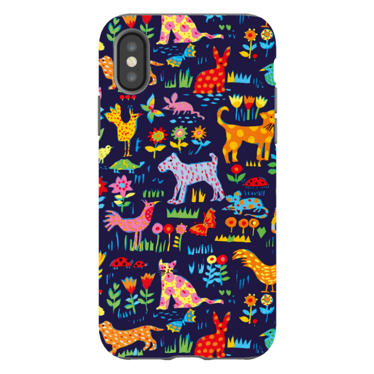 iPhone Tough Case featuring Sarah Campbell’s vibrant Our Yard animal and floral pattern on a dark blue background.